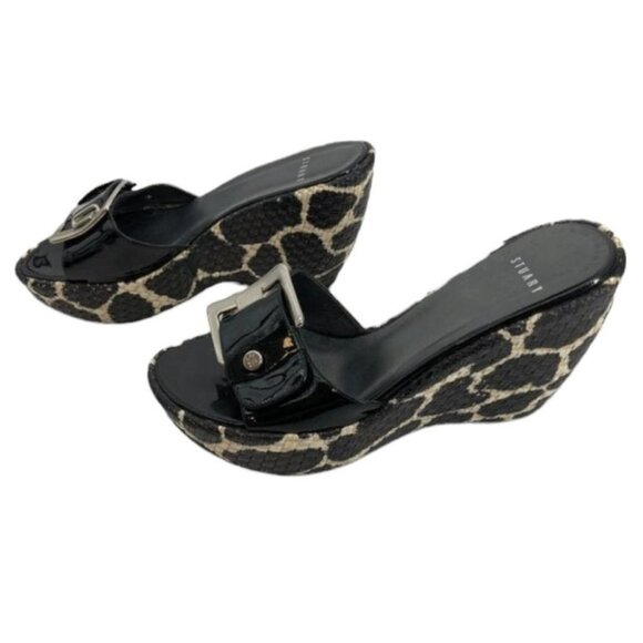 Stuart Weitzman Clipper Giraffe print platform wedge slides black leather size X - Picture 2 of 12